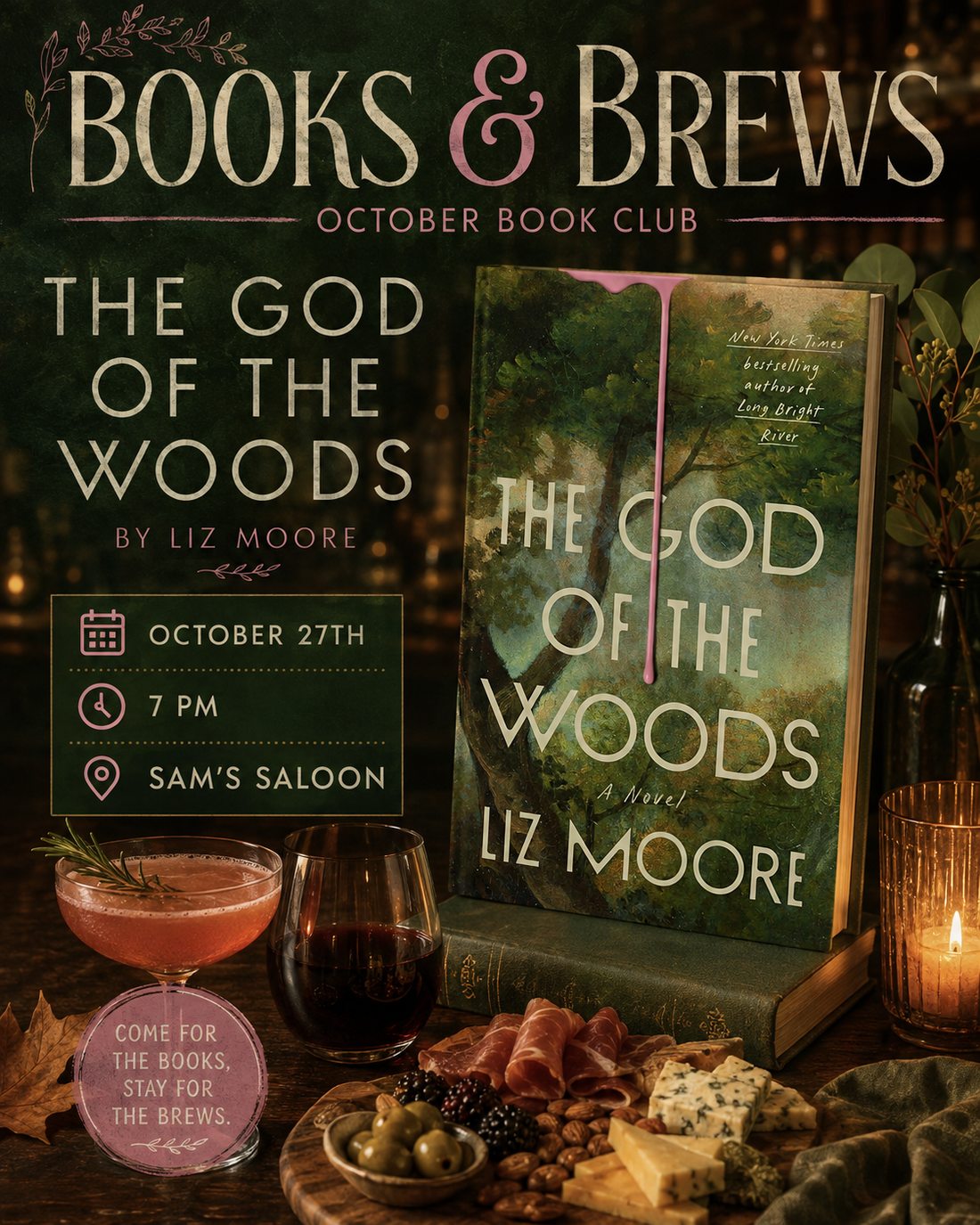 Books & Brews October Book Club flyer at Sam's Saloon, The God of the Woods by Liz Moore, Tuesday October 27 at 7 PM